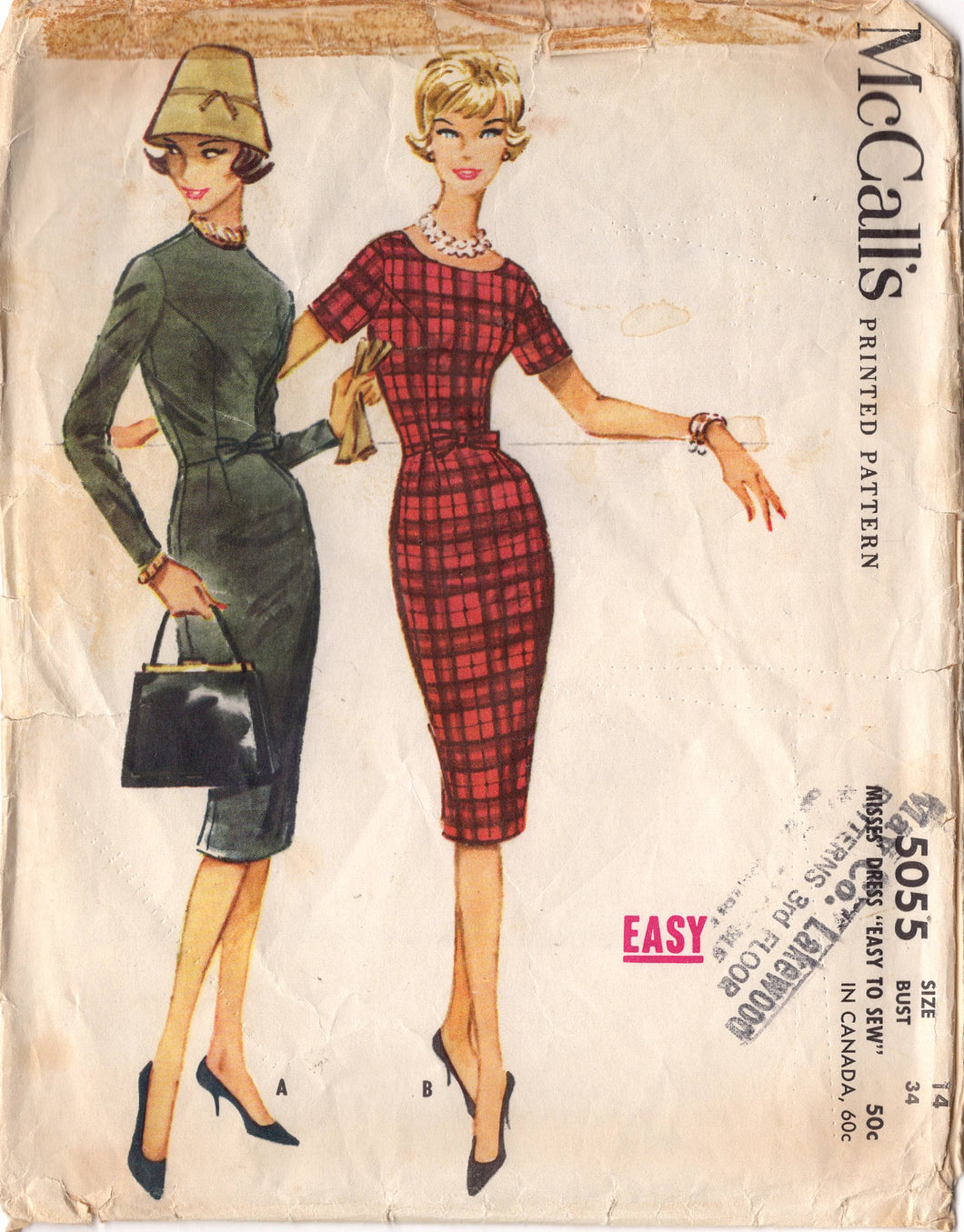 1950's McCall's One-Piece Sheath Dress with Fitted Bodice and Bow Accent - Bust 34