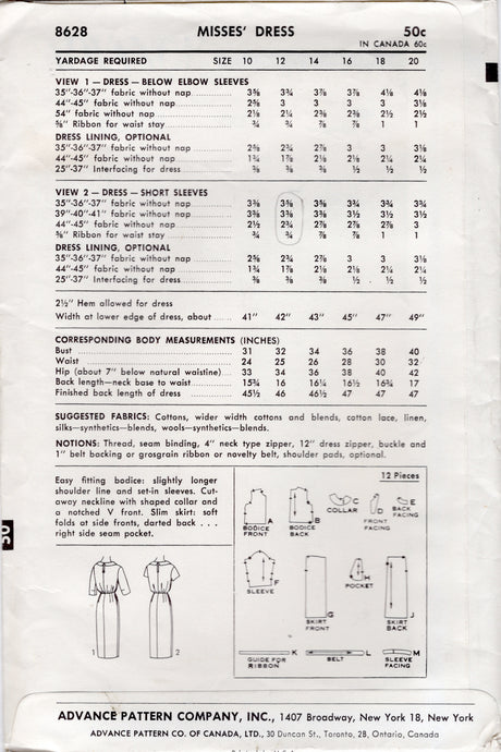 1950's Advance "Easy to make" Sheath Dress Pattern - Bust 32" - No. 8628