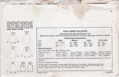 1970's Kwik Sew Pullover Sweater pattern - Bust 32.5-45" - No. 505