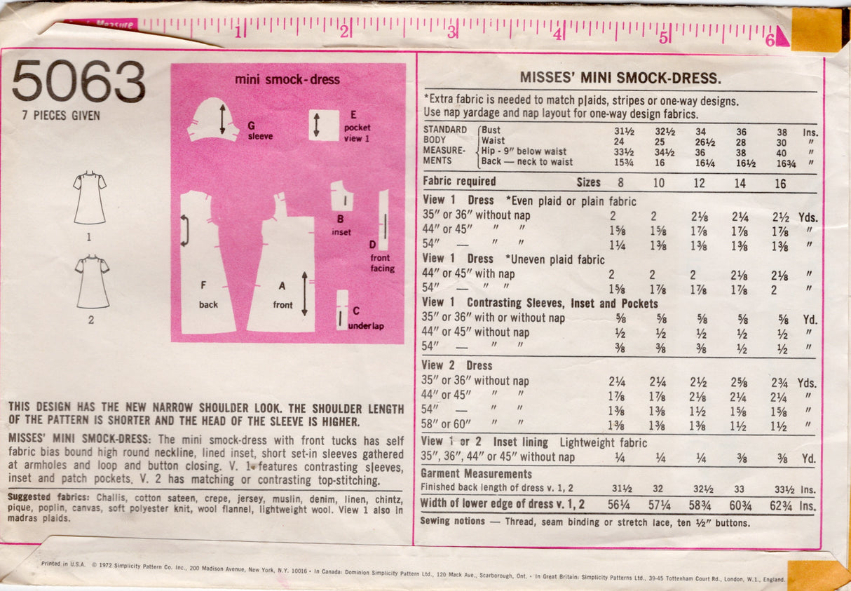 1970's Simplicity Mini Smock-Dress Pattern - Bust 34" - No. 5063