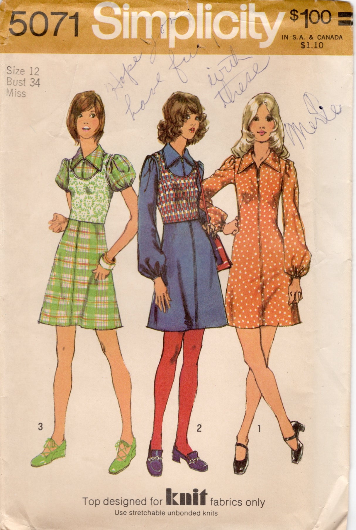 1970's Simplicity Zip Front Dress and Pullover Top Pattern - Bust 34" - No. 5071