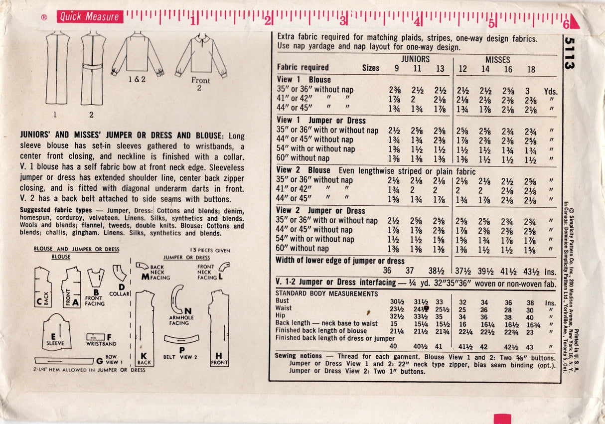 1960's Simplicity Jumper Dress and Blouse Pattern - Bust 34" - No. 5113