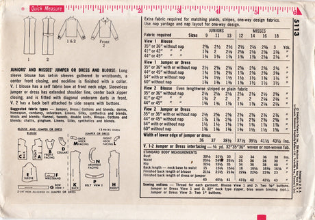 1960's Simplicity Jumper Dress and Blouse Pattern - Bust 34" - No. 5113