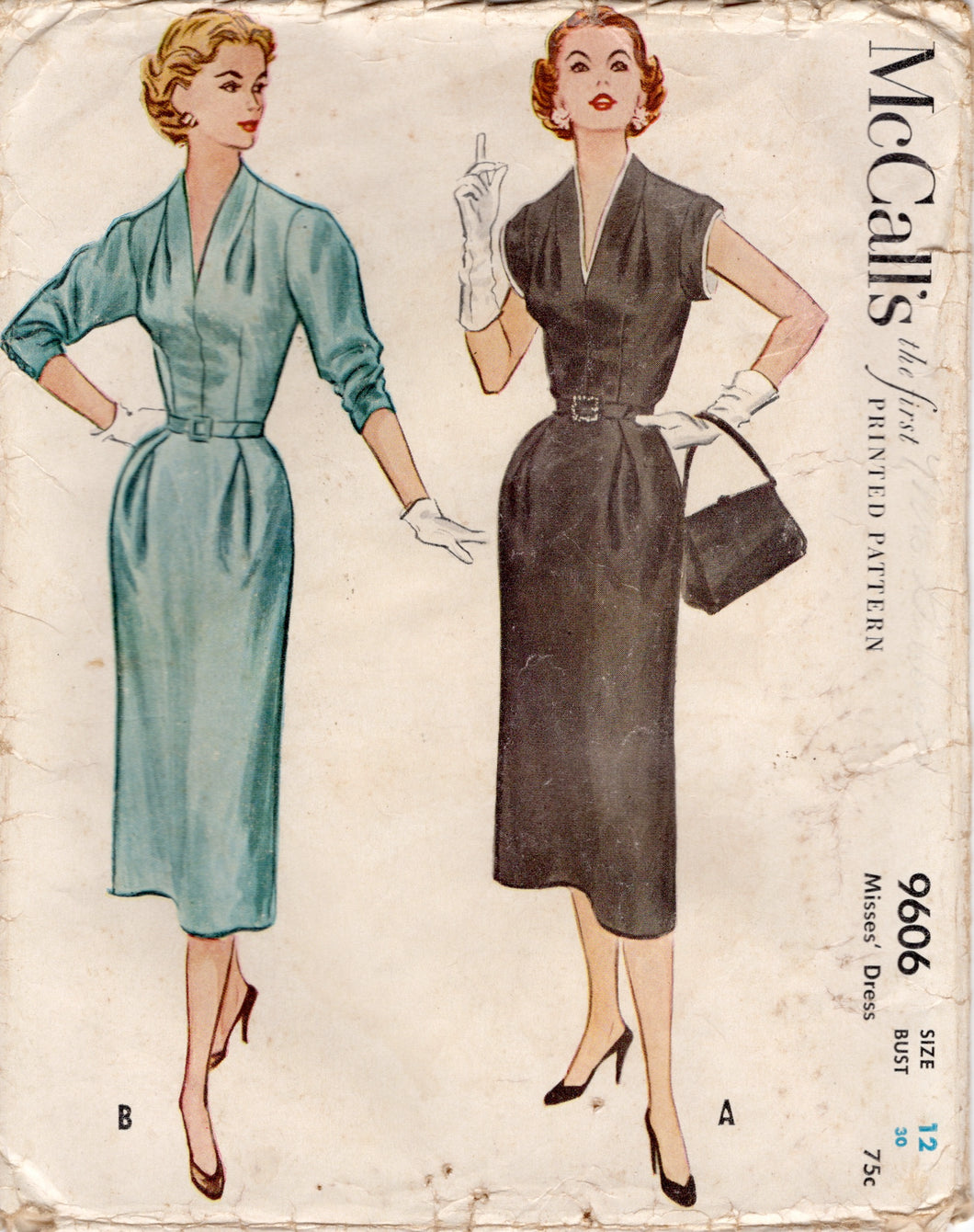 1950's McCall's Sheath Dress Pattern with Tucked Front and Detachable Collar and Armband Accents - Bust 30