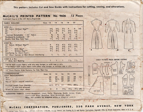 1950's McCall's Sheath Dress Pattern with Tucked Front and Detachable Collar and Armband Accents - Bust 30" - No. 9606