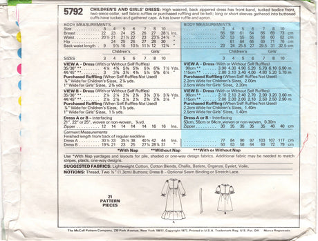 1970's McCall's LAURA ASHLEY Girl's Pin Tuck Bodice Dress Pattern with or without ruffle - Size 5 - Chest 24" - No. 5792