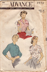 1950's Advance Button up Blouse Pattern with Peter Pan or Square Collar - Bust 36" - No. 7776