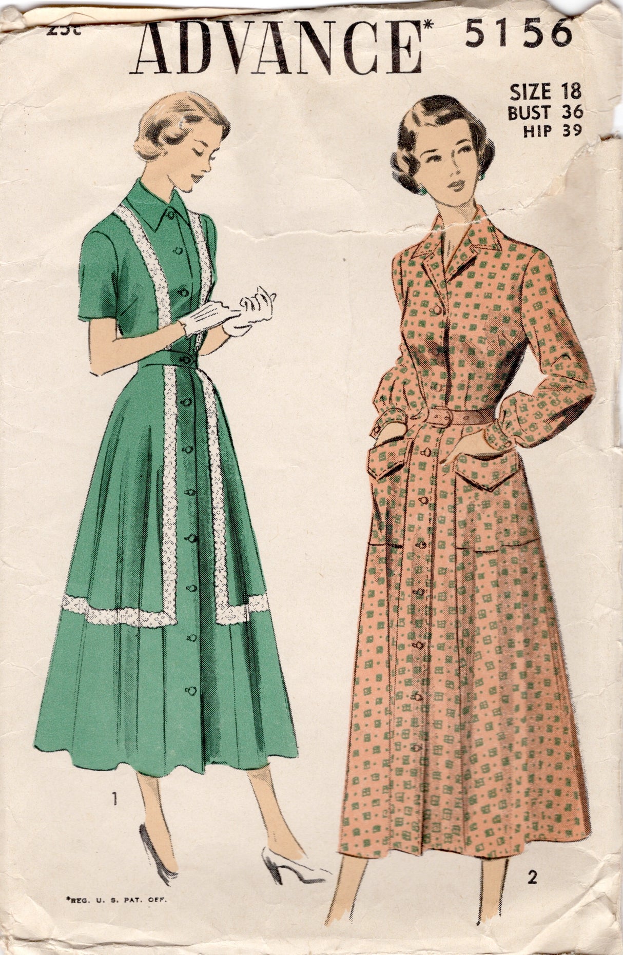 1940's Advance Shirtwaist Dress Pattern with Patch Pockets - Bust 36" - No. 5156