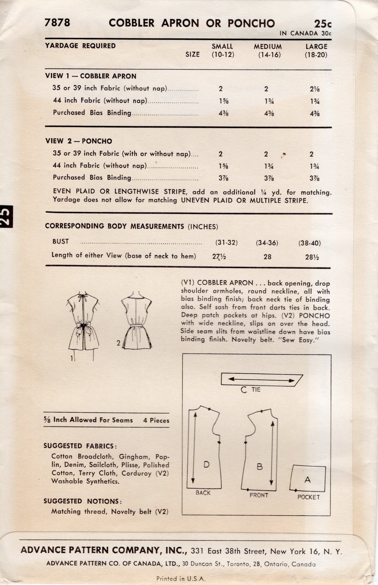 1950's Advance Full Cobbler Apron or Poncho Pattern - Bust 34-36" - No. 7878