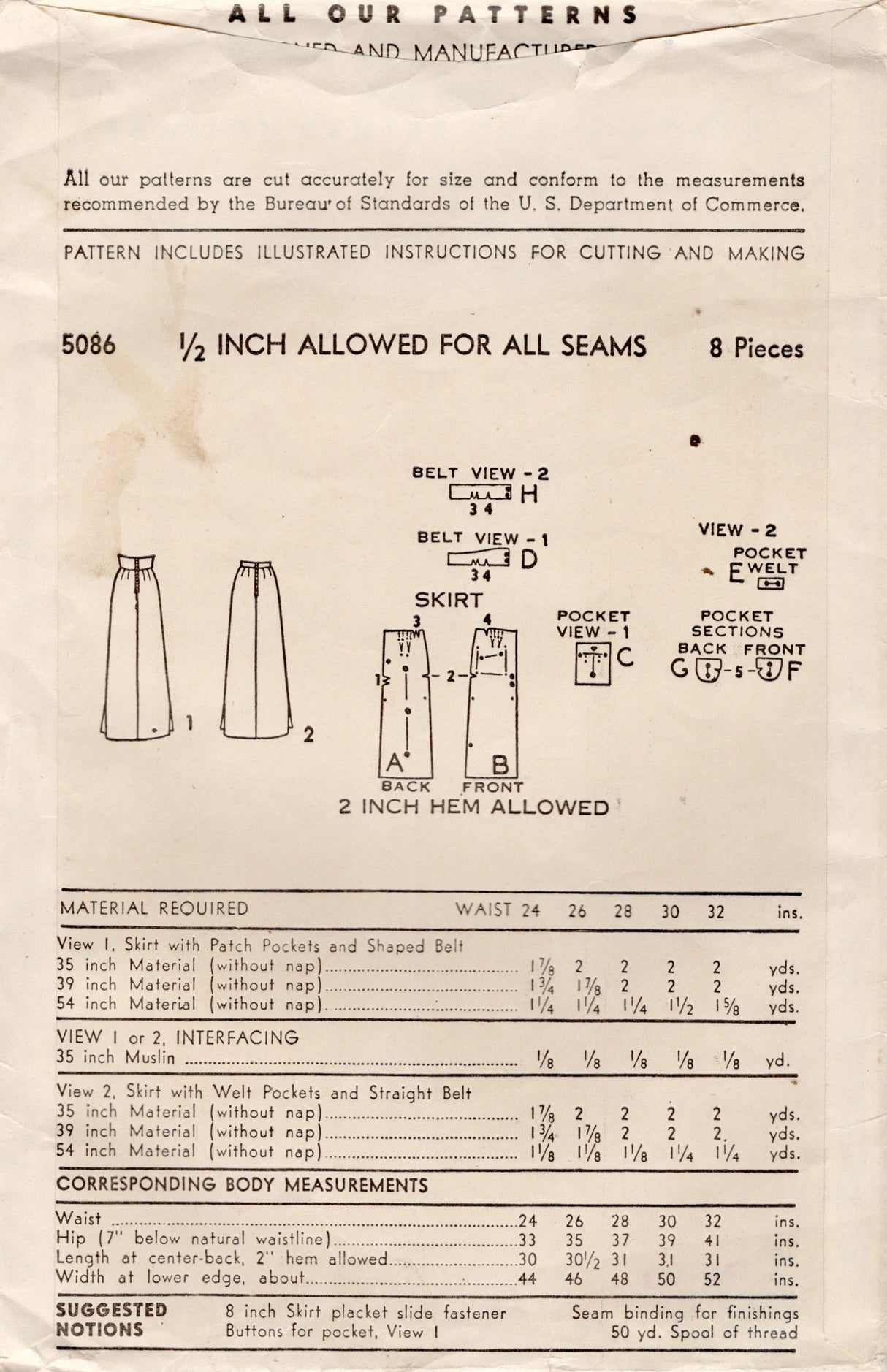 1940's Advance High Waisted Skirt with Pockets - Waist 28" - No. 5086