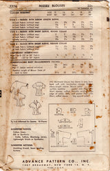 1950's Advance Button up Blouse Pattern with Peter Pan or Square Collar - Bust 36" - No. 7776