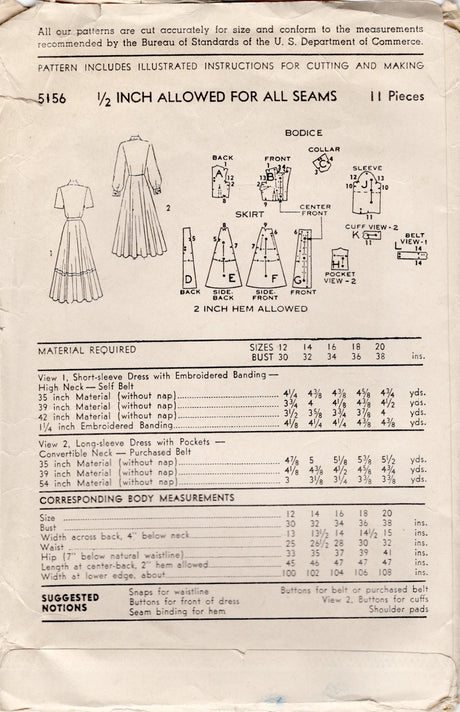1940's Advance Shirtwaist Dress Pattern with Patch Pockets - Bust 36" - No. 5156