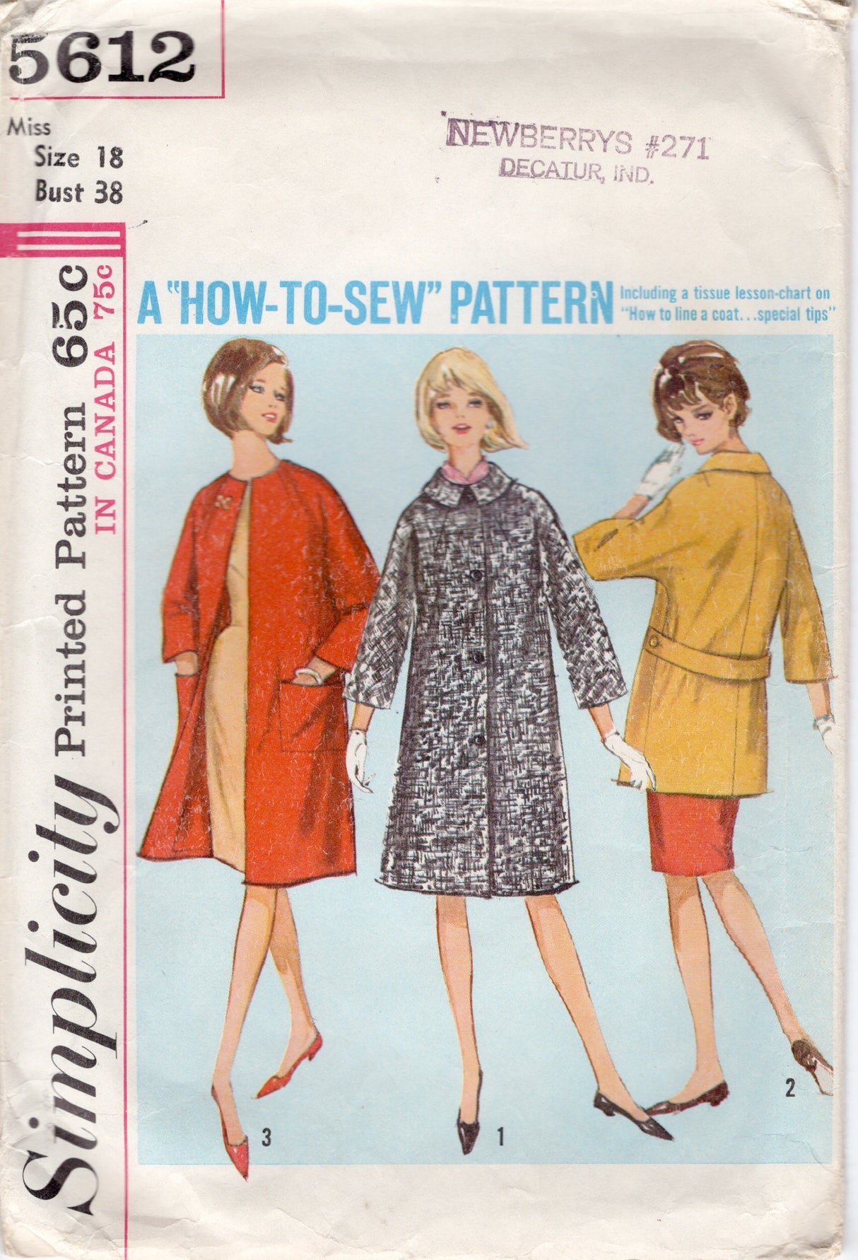 1960's Simplicity Coat Pattern in Two Lengths - Bust 38" - No. 5612