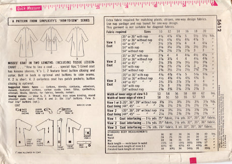 1960's Simplicity Coat Pattern in Two Lengths - Bust 38" - No. 5612