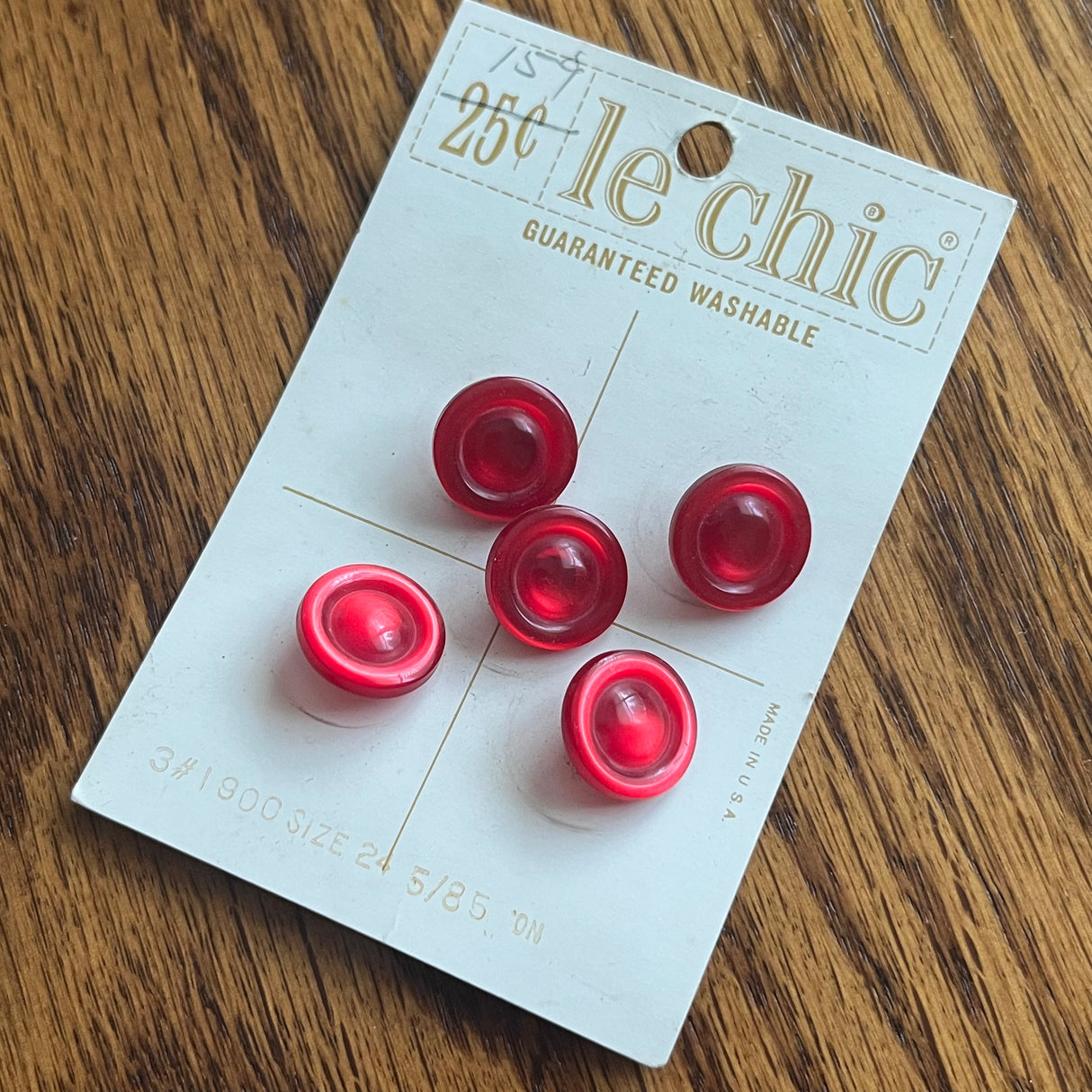 1970’s Le Chic Plastic Buttons - Opalescent Red - Set of 5 - 5/8" -  on card