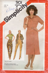 1980's Simplicity Straight Line Button Up Dress or Jacket and Jodhpur Style Taperd Pants Pattern - Bust 34" - No. 5101