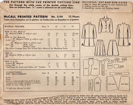 1940's McCall Child's Two Piece Suit Dress Pattern - Sz 14 - Chest 32" - No. 5104