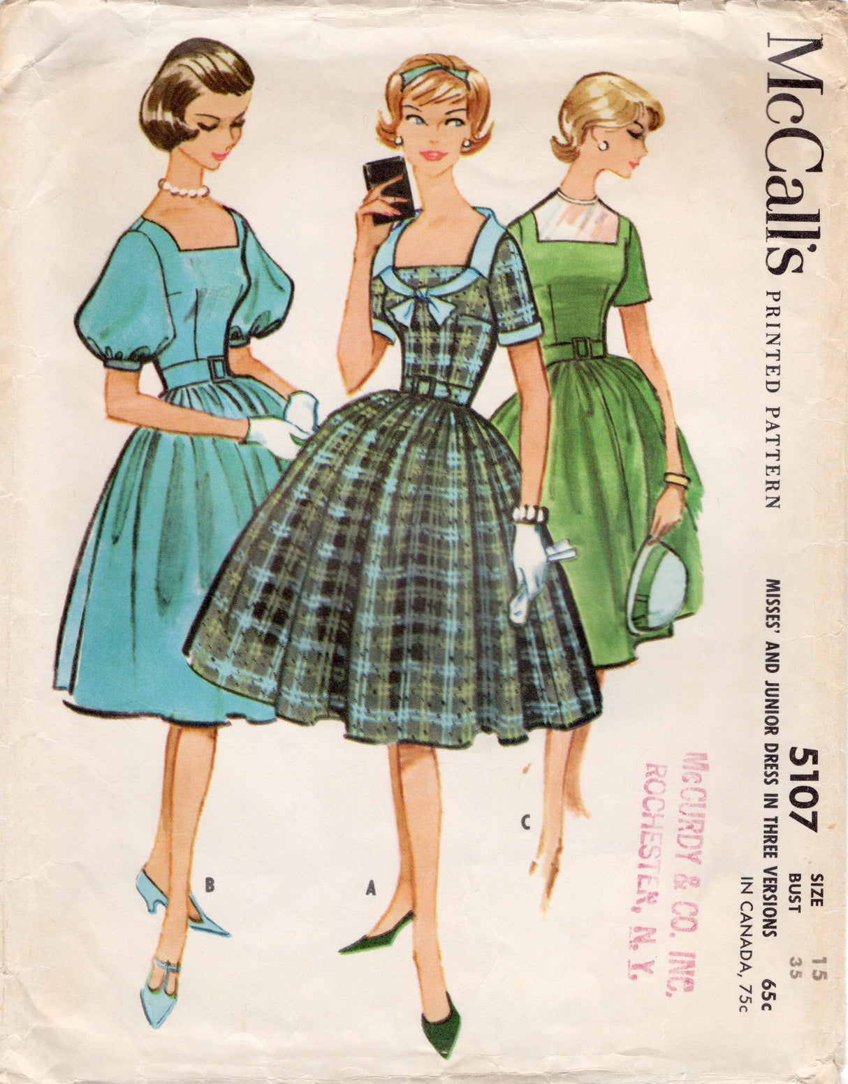 1950's McCall's Fit and Flare Dress Pattern with Square Neckline and Short or Puff Sleeves - Bust 35" - No. 5107