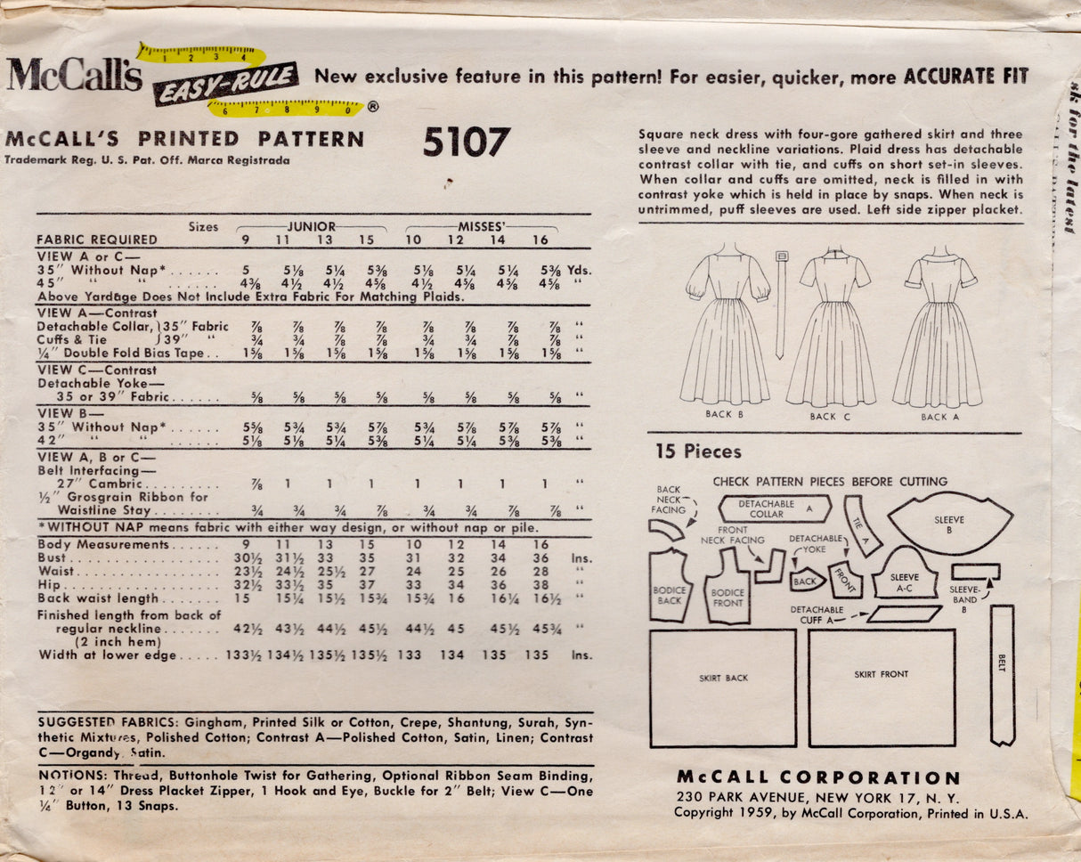 1950's McCall's Fit and Flare Dress Pattern with Square Neckline and Short or Puff Sleeves - Bust 35" - No. 5107
