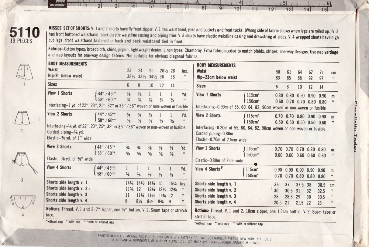 1980’s Simplicity Short Shorts Pattern - Waist 28”- No.5110