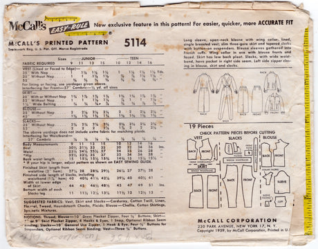 1950's McCall's Button-up Blouse, Vest, Suspendered Cigarette Pants and Straight Skirt Pattern- Bust 34" - No. 5114