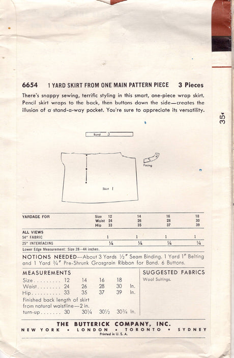 1950's Butterick One Yard Pencil Skirt Pattern with Side Buttons - Waist 26" - No. 6654