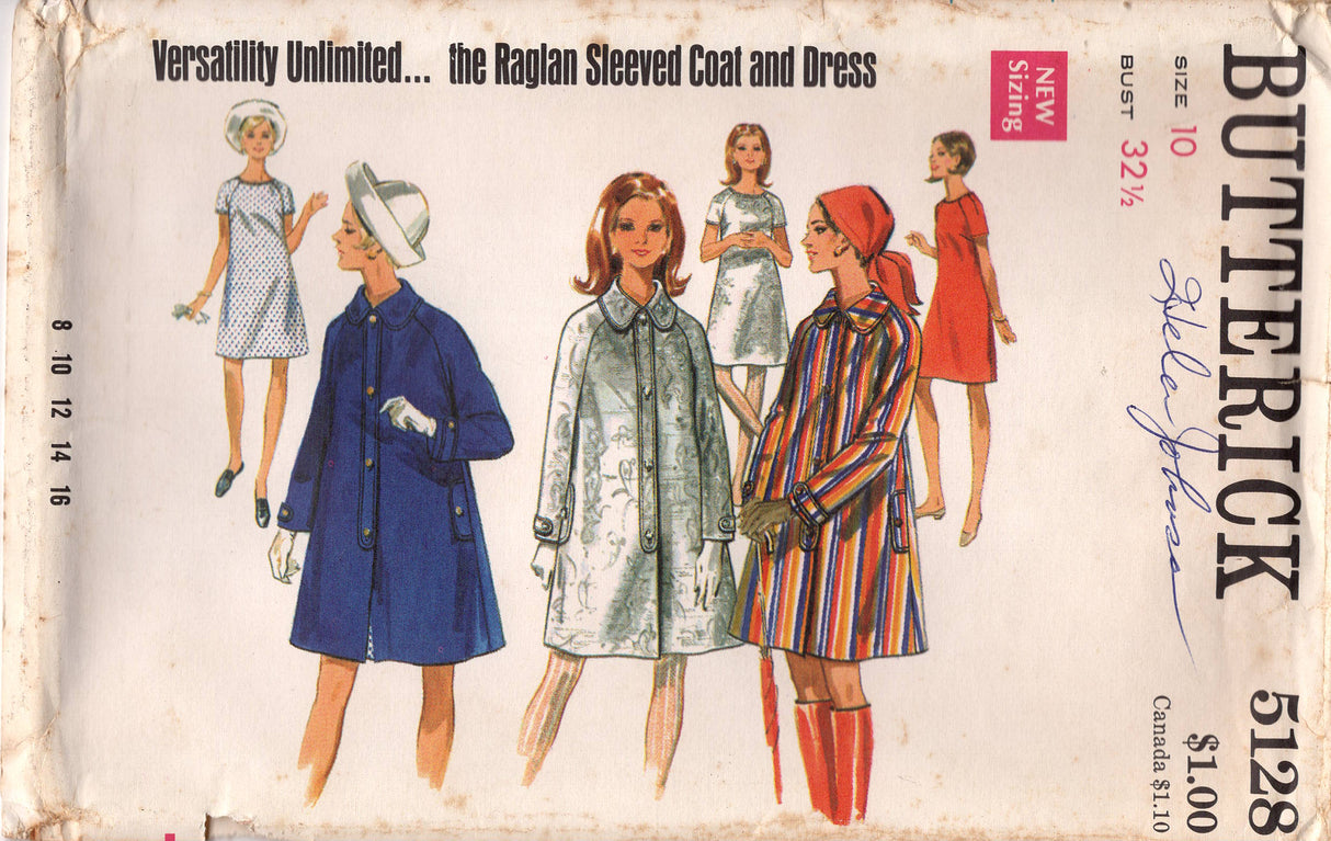 1960's Butterick One-Piece Shift Dress and Raglan Sleeve Coat pattern - Bust 32.5" - No. 5128