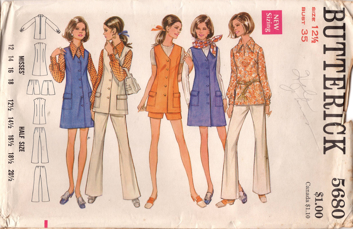 1960's Butterick One Piece Button Front Dress or Tunic and Shorts or Pants Pattern - Bust 35" - No. 5680