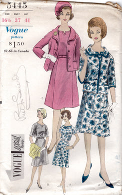 1960's Vogue Slightly Flared Dress Pattern with Notched Neckline and Straight Line Jacket Pattern - Bust 37