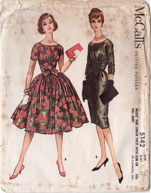 1950's McCall's Jewel Neckline and Fitted Waist Dress Pattern with Bow accent and Gathered or Slim Skirt - Bust 31