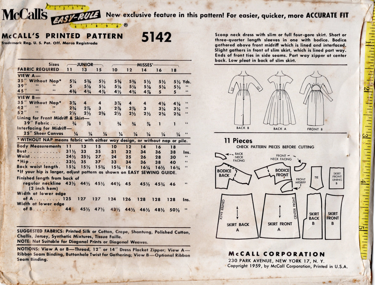 1950's McCall's Jewel Neckline and Fitted Waist Dress Pattern with Bow accent and Gathered or Slim Skirt - Bust 31" - No. 5142