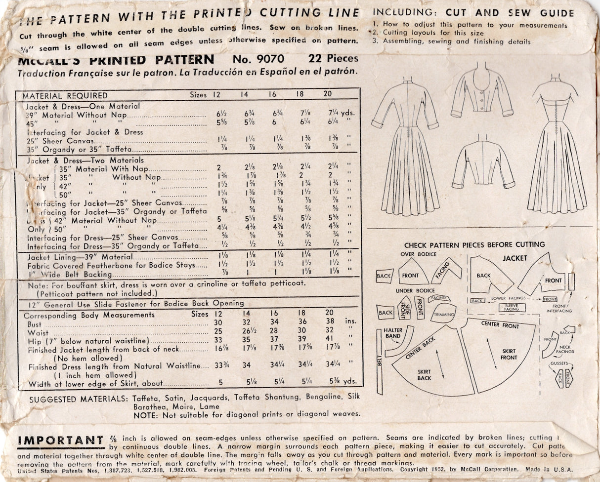 1950's McCall's Halter Surplice Petal Bodice Dress Pattern and Scoop Neck Bolero Jacket - Bust 30" - No. 9070