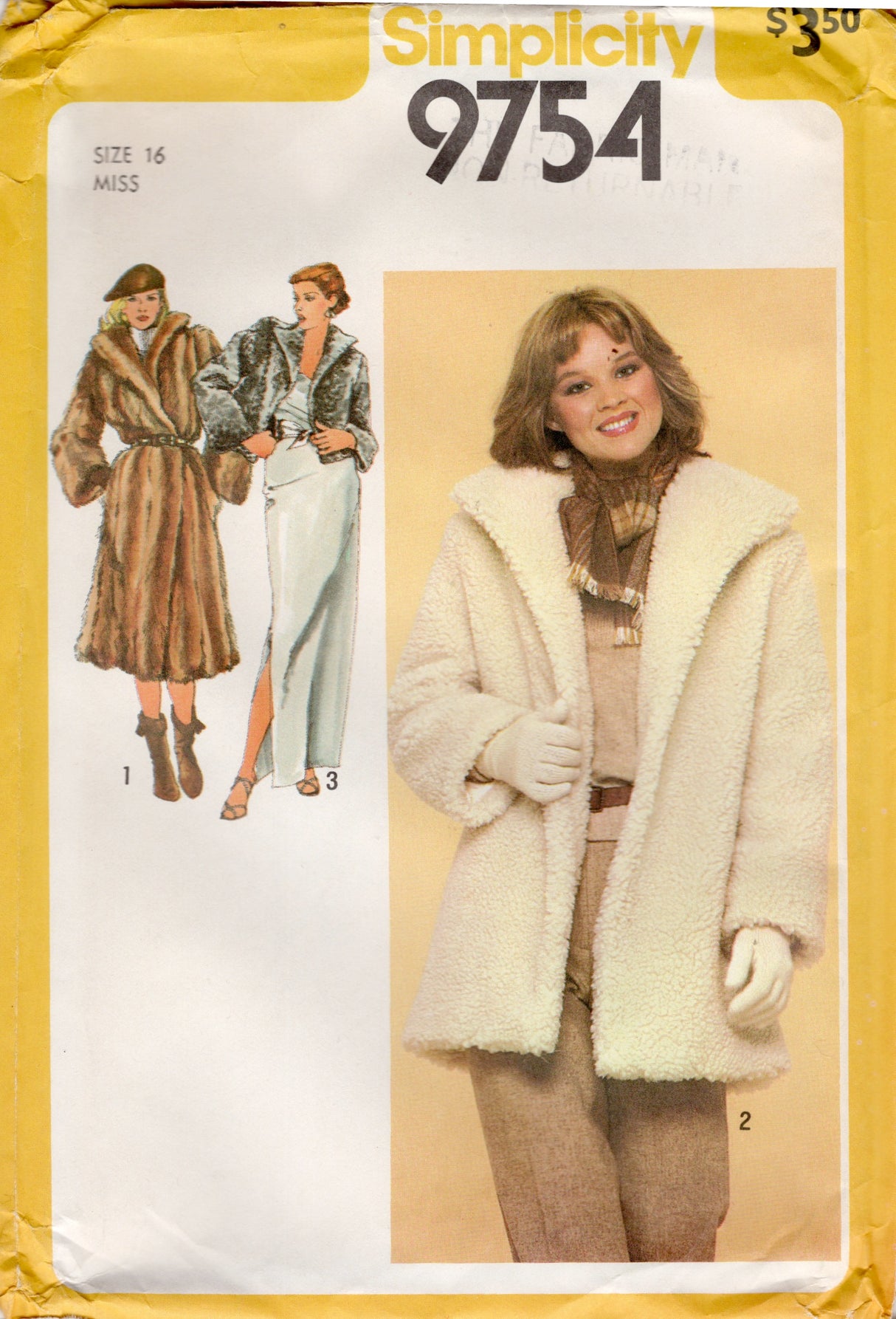 1980's Simplicity Fur Coat Pattern - Bust 38" - No. 9754