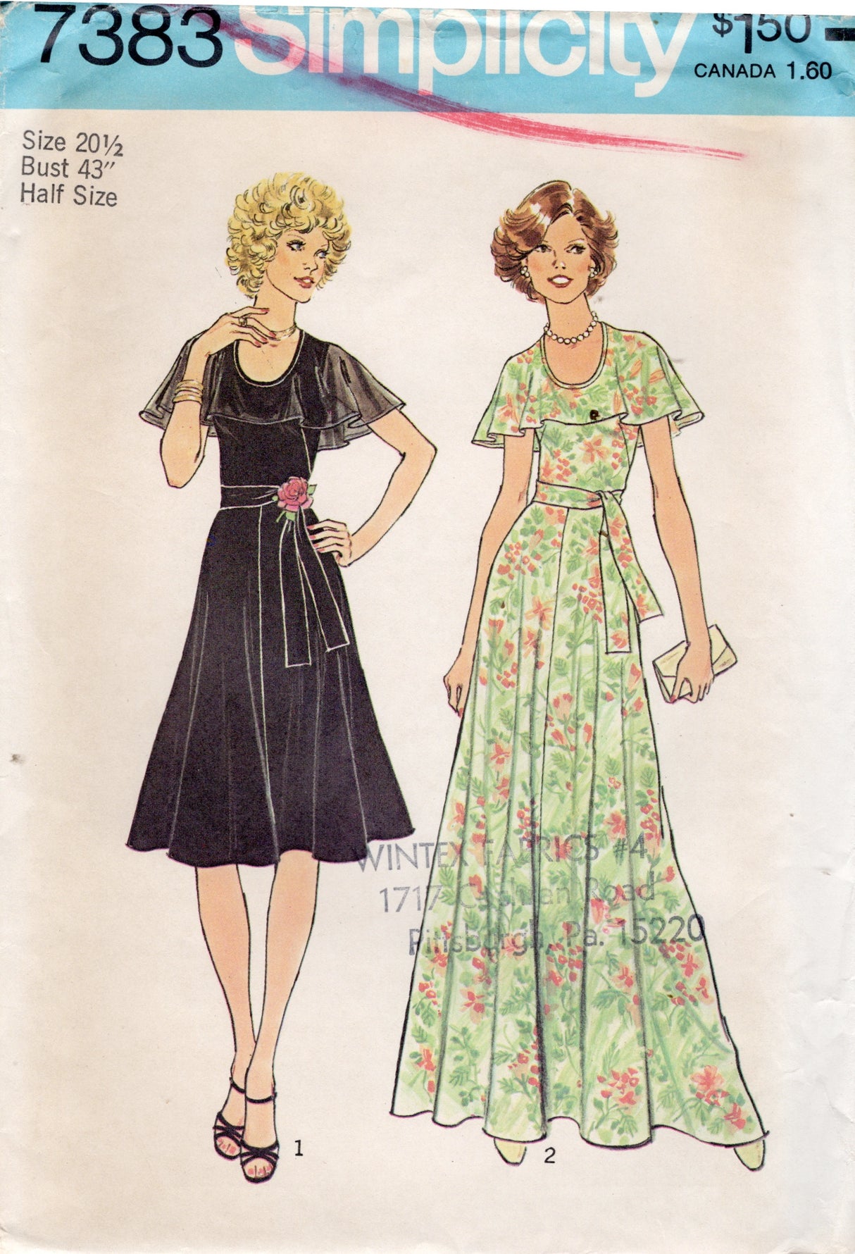 1970's Simplicity Scoop Neck Dress Pattern with attached Capelet - Bust 43" - No. 7383