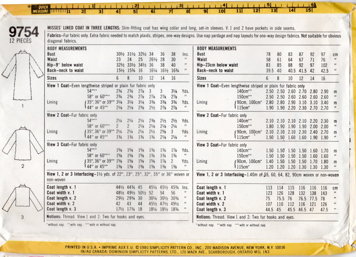 1980's Simplicity Fur Coat Pattern - Bust 38" - No. 9754