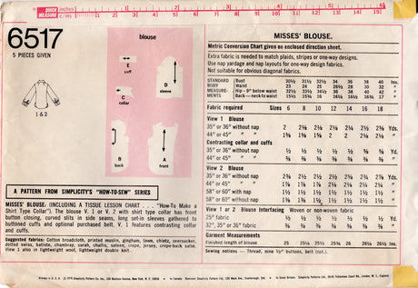 1970's Simplicity Button Up Blouse Pattern - Bust 36" - No. 6517