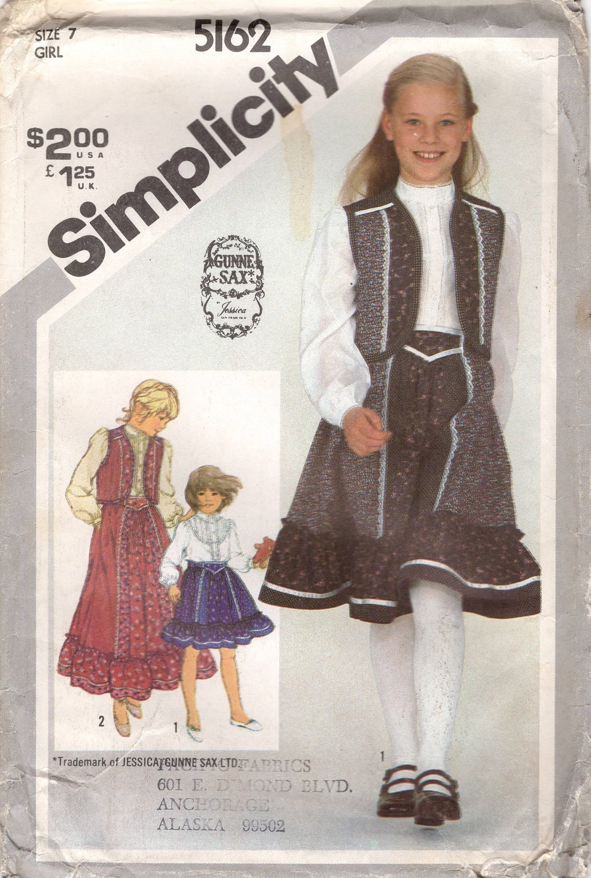 1980's Simplicity GUNNE SAX Girl's High Neck Blouse, Vest and Skirt with Ruffle - Chest 26 - 28.5" - No. 5162