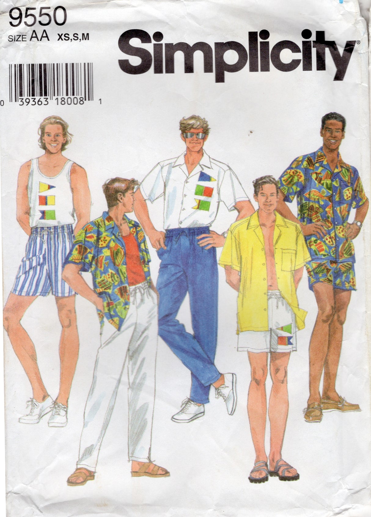 1990's Simplicity Men's Tank Top, Shirt, Pants, Shorts or Swim Shorts Pattern - Chest 32-40" - No. 9550