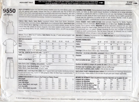 1990's Simplicity Men's Tank Top, Shirt, Pants, Shorts or Swim Shorts Pattern - Chest 32-40" - No. 9550
