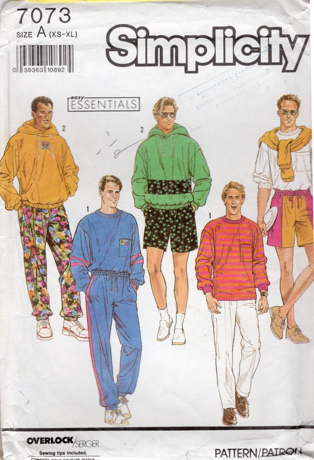 1990's Simplicity Men's Hooded Sweatshirt and Pull-on Short or Pants Pattern - Chest 32-48" - No. 7073