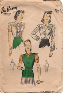 1940's DuBarry Button Up Yoked Blouse and Jerkin Pattern - Bust 32" - No. 5172