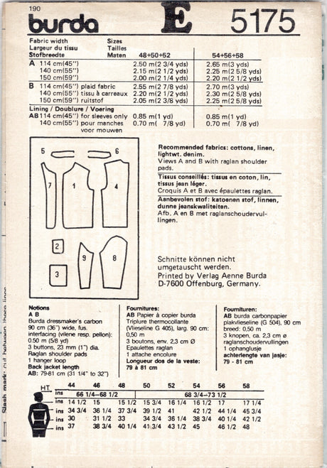 1980's Burda Oversize Blazer pattern - Chest 38-48" - No. 5175