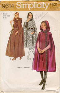 1970's Simplicity Hooded Cape Pattern in Three Styles - Bust 31.5-32.5" - No. 9614