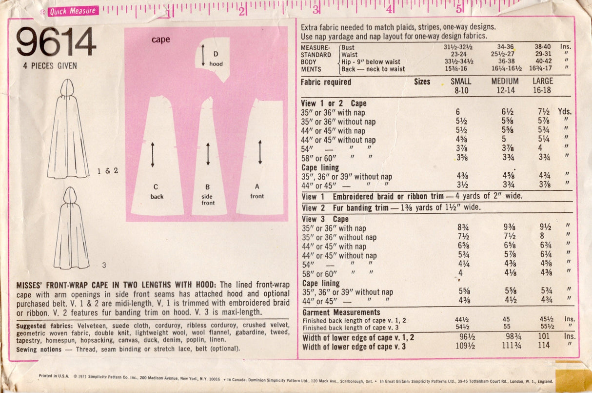 1970's Simplicity Hooded Cape Pattern in Three Styles - Bust 31.5-32.5" - No. 9614