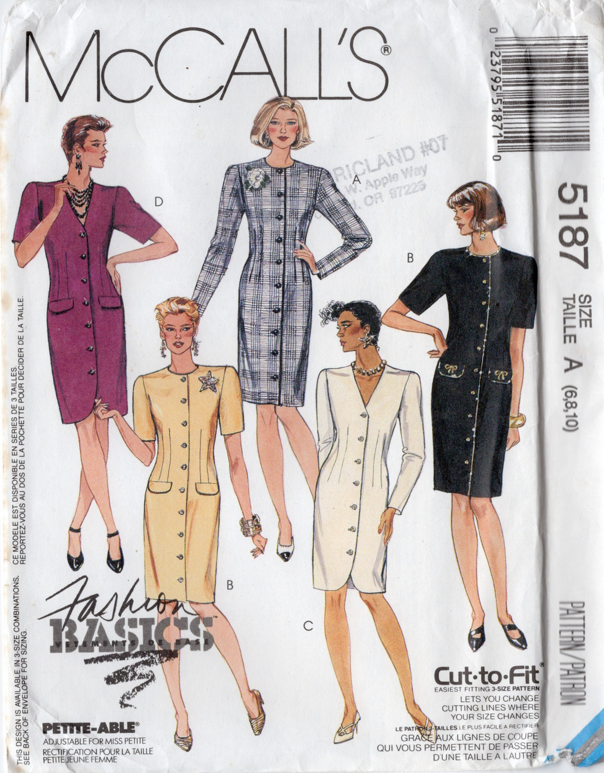 1990's McCall's Button Front Sheath Dress - Bust 30.5-32.5" - No. 5187
