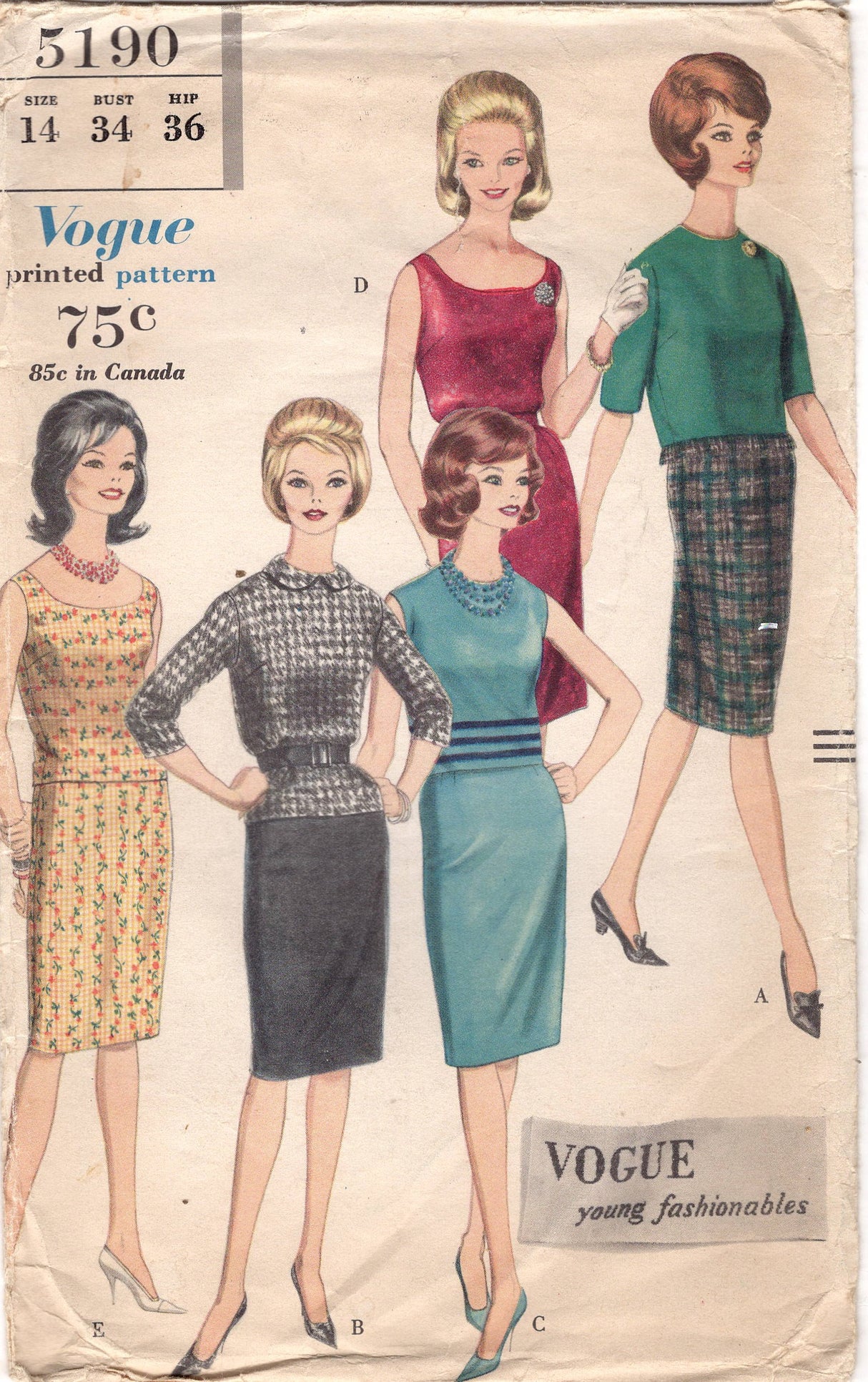 1960's Vogue Two Piece Dress with Sheath Dress and Overblouse Pattern - Bust 34" - No. 5190