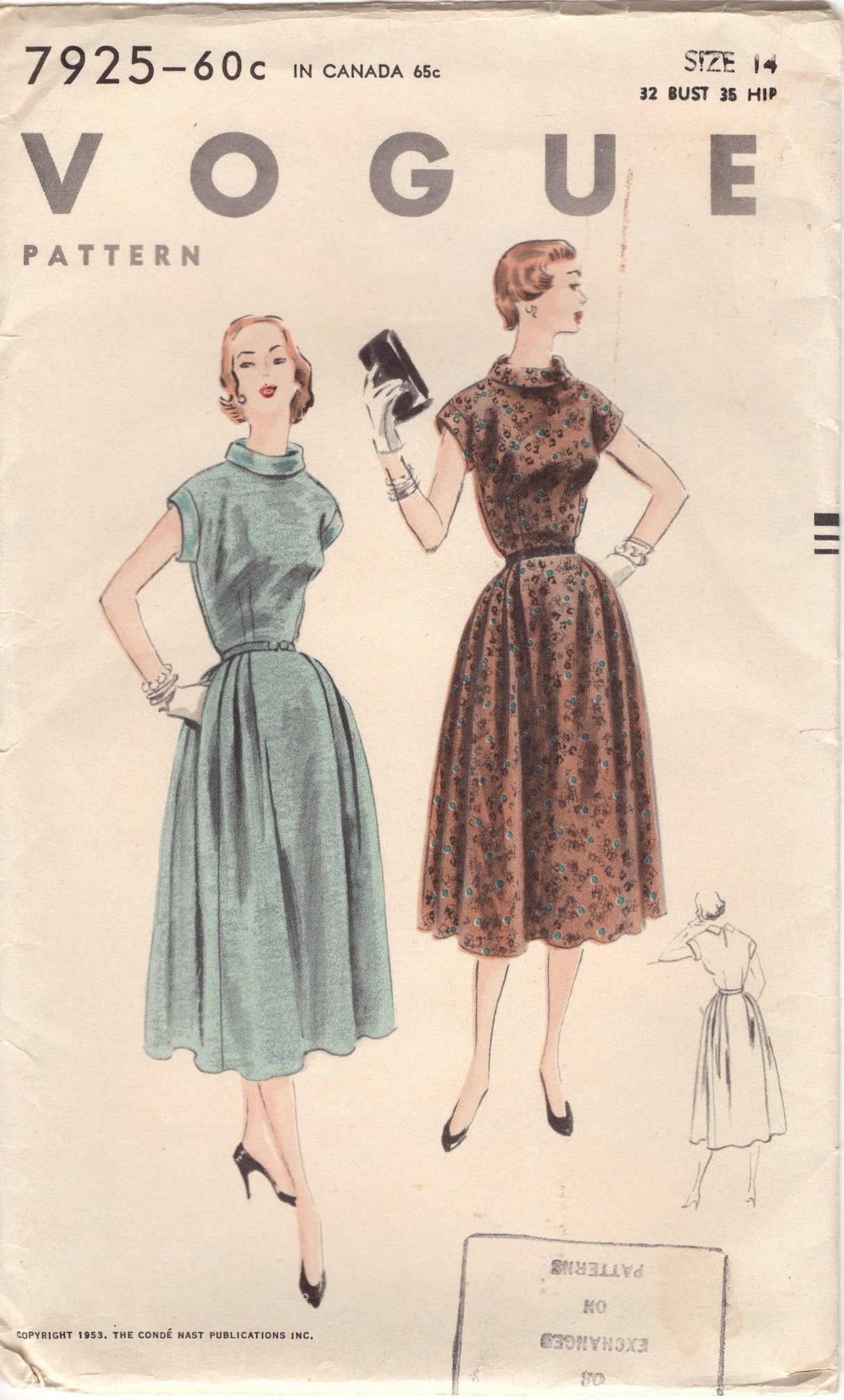 1950's Vogue One Piece Fit and Flare Dress Pattern with Rolled Collar and Softly Pleated Skirt Pattern - Bust 32" - No. 7925