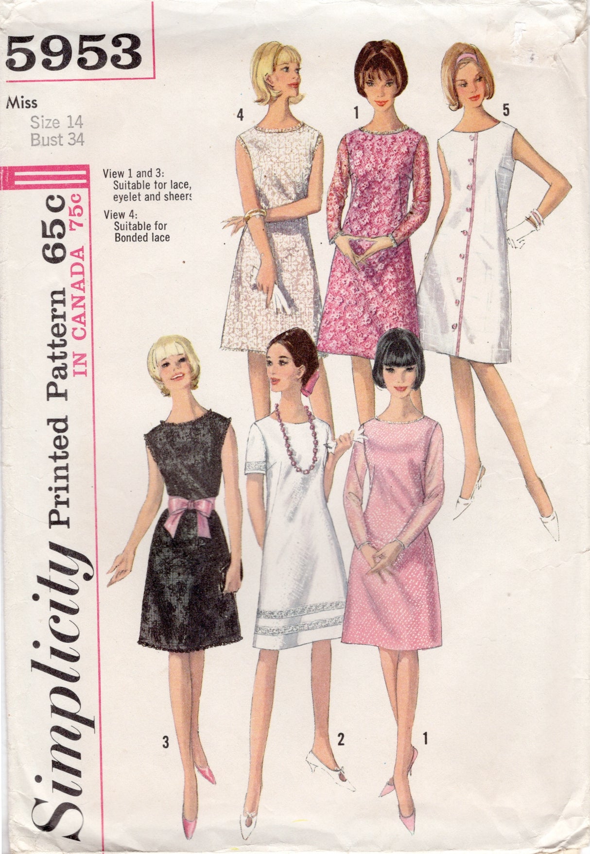 1960's Simplicity One Piece Dress Pattern in 5 styles - Bust 34" - No. 5953