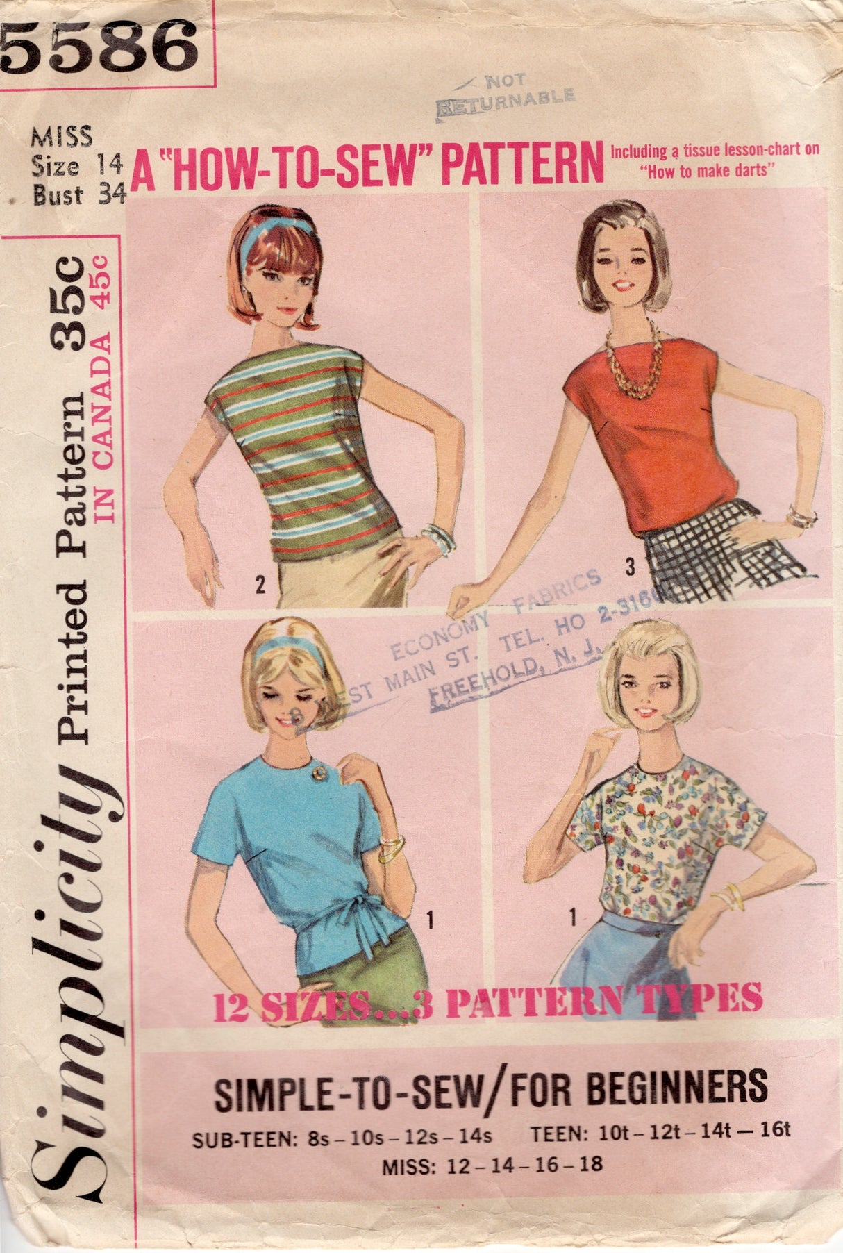 1960's Simplicity Pullover Blouse in Three Styles Pattern - Bust 34" - No. 5586
