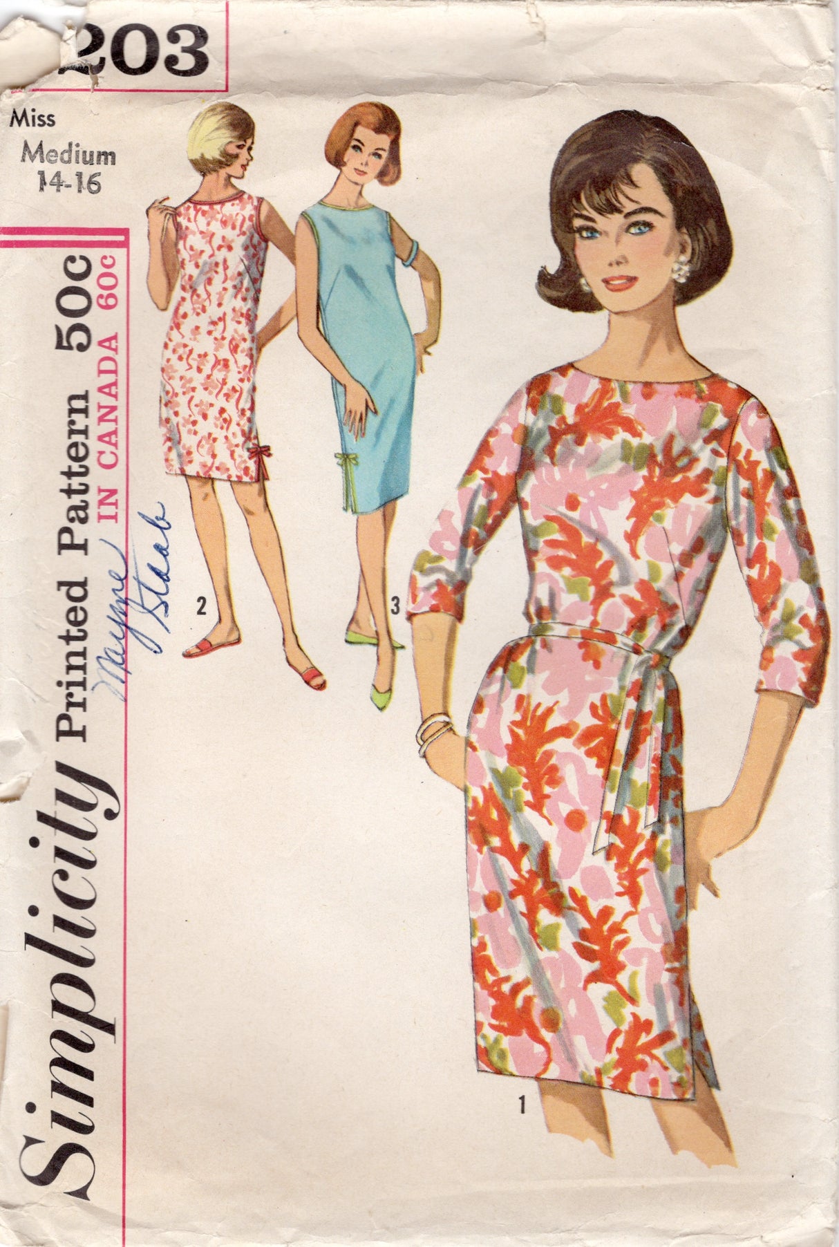 1960's Simplicity Shift Dress Pattern with or without Sleeves - Bust 34-36" - No. 5203